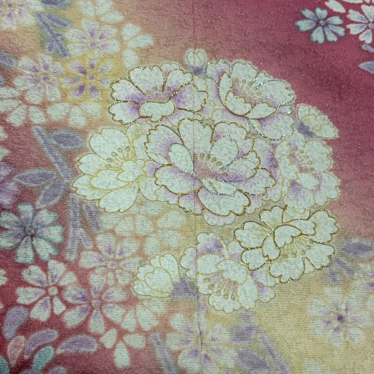 振袖禮服 身長158.5cm 袖長64cm M 雙層 花丸紋 枝垂櫻 金金箔 銀通し 粉紅 純蠶絲 名品級