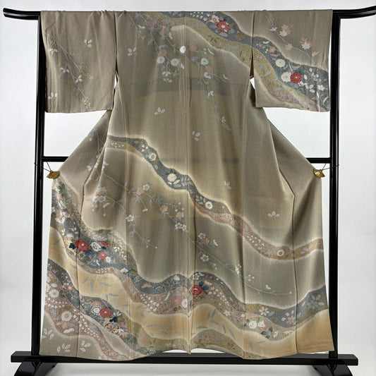 【美品】訪問服 身長155.5cm 袖長65cm M 雙層 花車 松樹竹子梅花 金銀彩 絞染 灰茶 純蠶絲 名品級