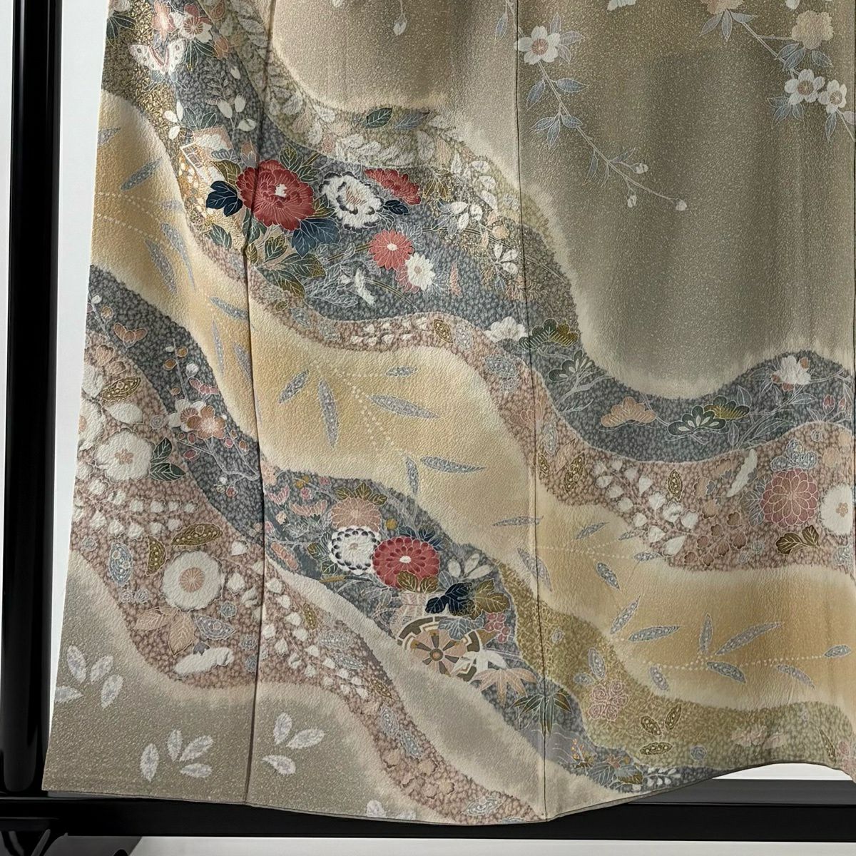 【美品】訪問服 身長155.5cm 袖長65cm M 雙層 花車 松樹竹子梅花 金銀彩 絞染 灰茶 純蠶絲 名品級