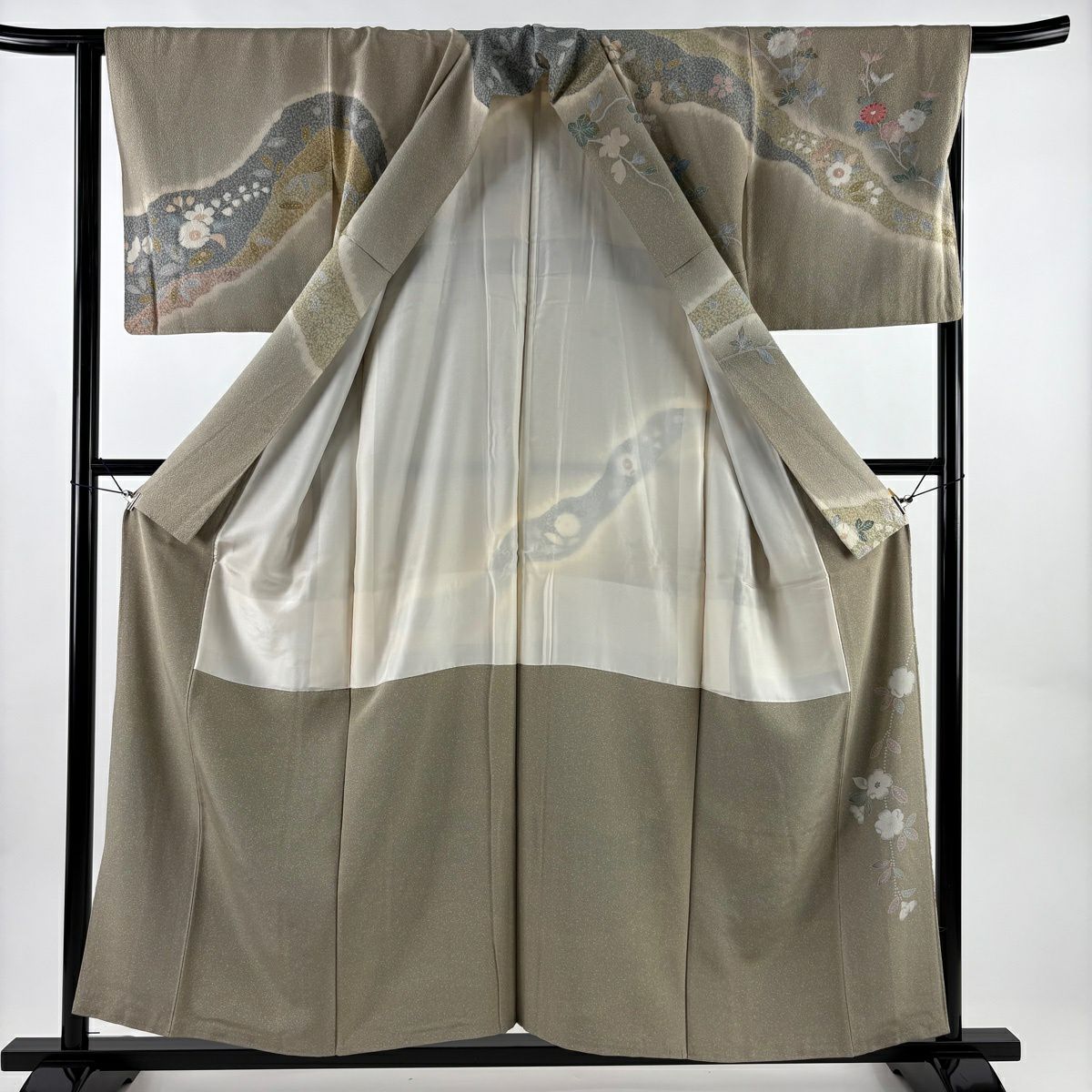 【美品】訪問服 身長155.5cm 袖長65cm M 雙層 花車 松樹竹子梅花 金銀彩 絞染 灰茶 純蠶絲 名品級
