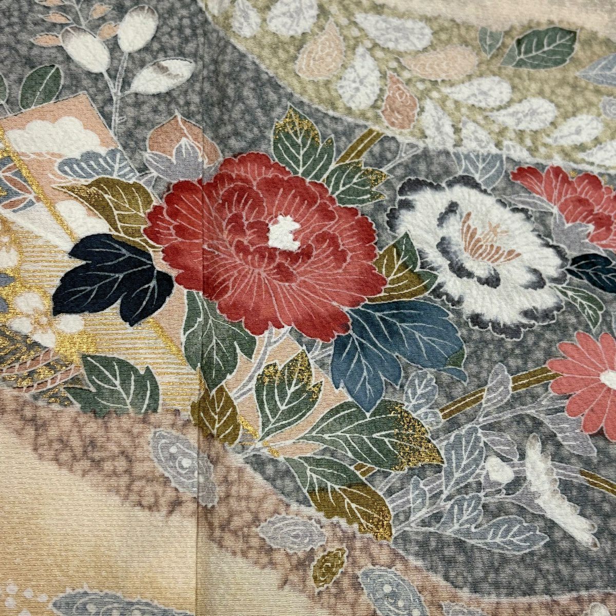【美品】訪問服 身長155.5cm 袖長65cm M 雙層 花車 松樹竹子梅花 金銀彩 絞染 灰茶 純蠶絲 名品級