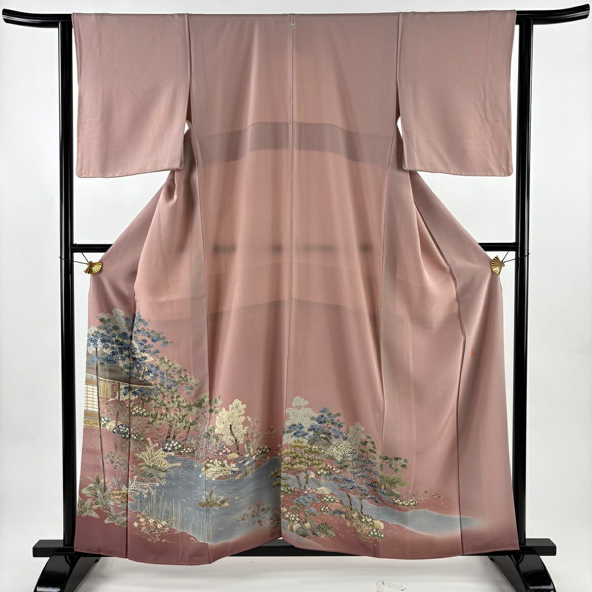 【美品】 留袖禮服禮服 身長159cm 袖長62cm S 雙層 柿本市郎 落款あり 家屋 松樹 ぼかし 粉紅 純蠶絲 名品級 一つ紋