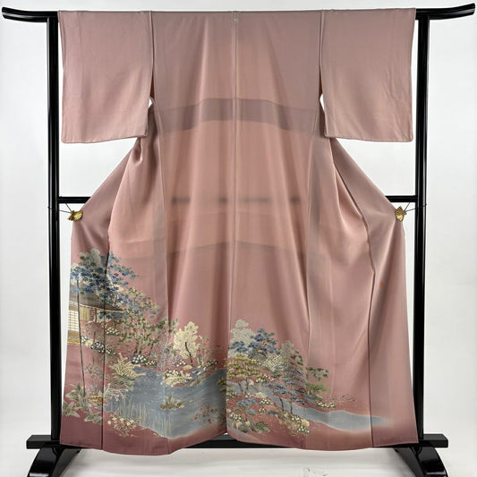 【美品】 留袖禮服禮服 身長159cm 袖長62cm S 雙層 柿本市郎 落款あり 家屋 松樹 ぼかし 粉紅 純蠶絲 名品級 一つ紋