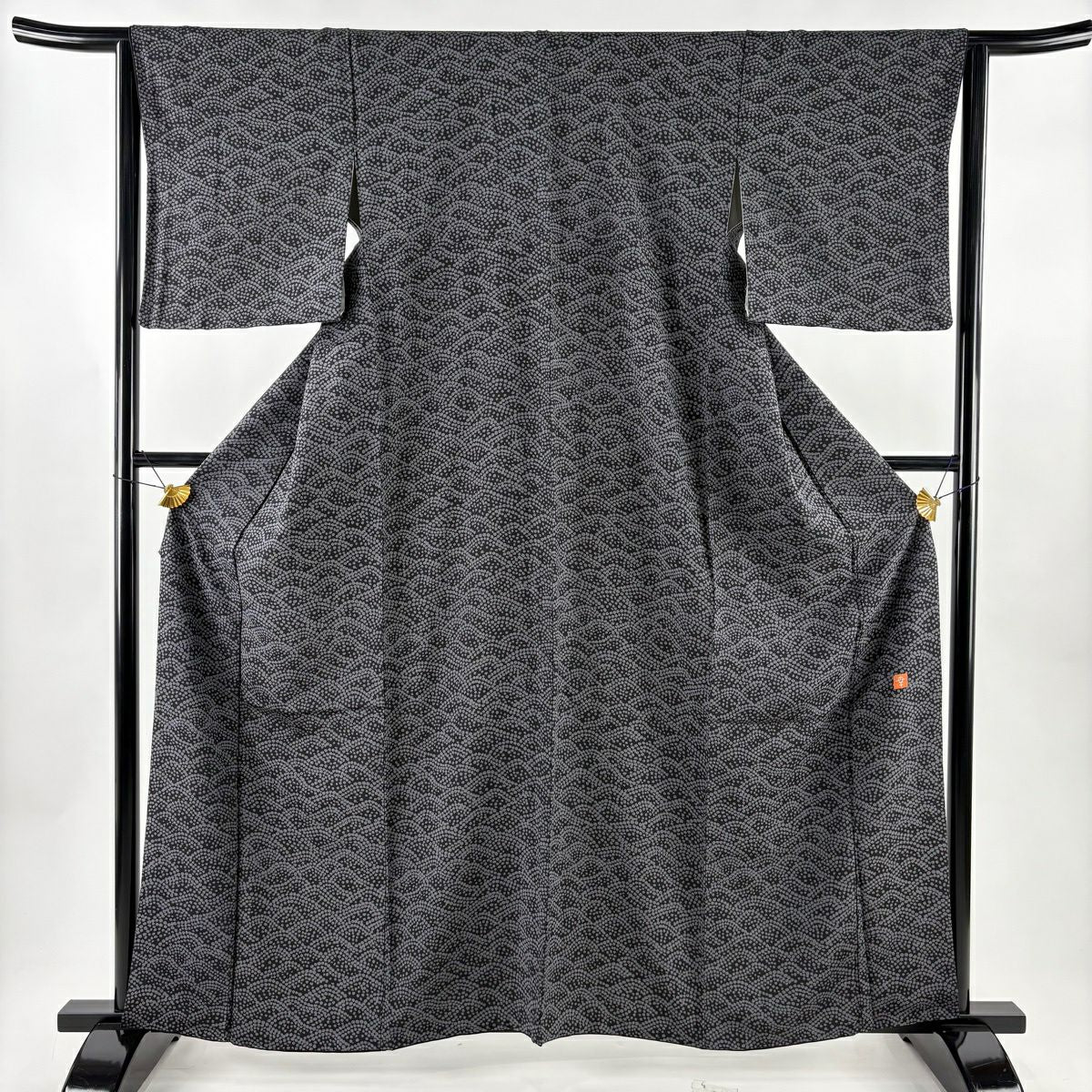 【美品】 小紋 身長160.5cm 袖長64.5cm M 雙層 花井幸子 落款あり 幾何學圖案 黑 純蠶絲 名品級