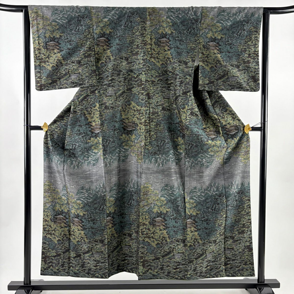 【美品】 付下 身長154cm 袖長63.5cm S 雙層 紬織織 地 證書あり 風景 建築 灰綠 純蠶絲 名品級