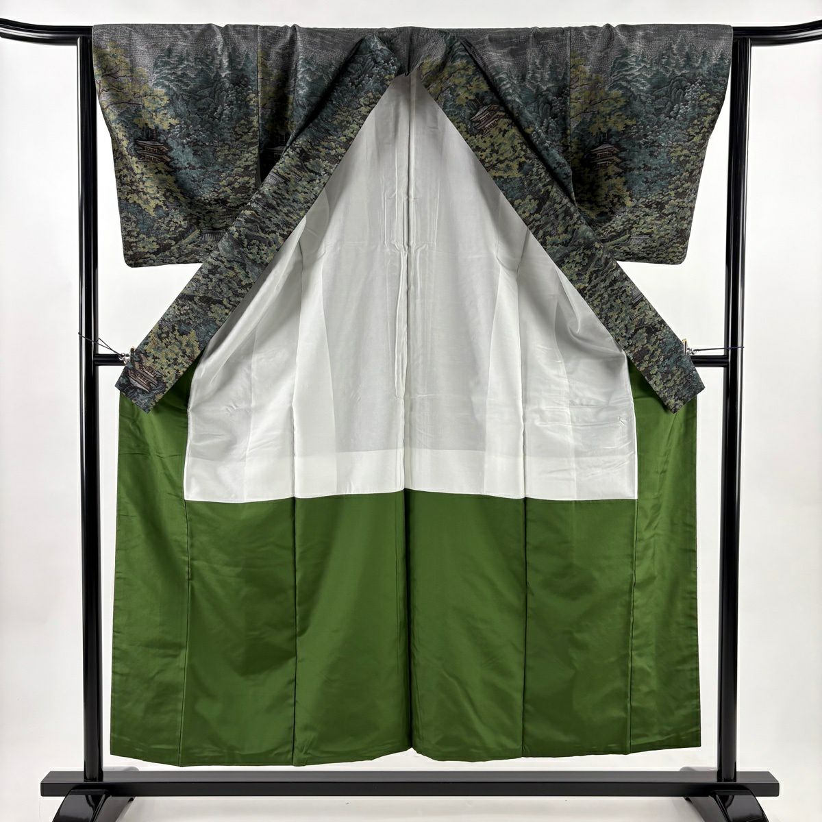 【美品】 付下 身長154cm 袖長63.5cm S 雙層 紬織織 地 證書あり 風景 建築 灰綠 純蠶絲 名品級