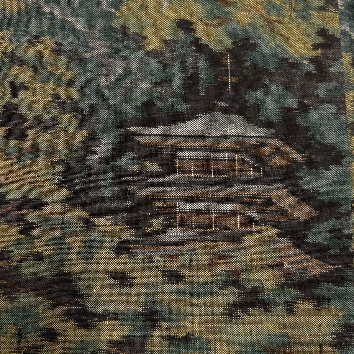 【美品】 付下 身長154cm 袖長63.5cm S 雙層 紬織織 地 證書あり 風景 建築 灰綠 純蠶絲 名品級
