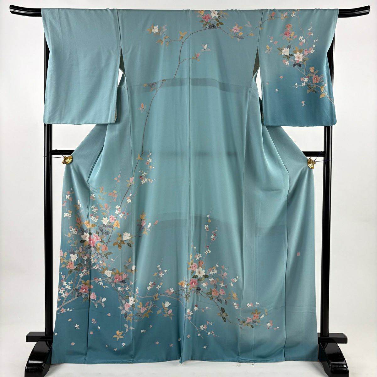 訪問服 身長168cm 袖長68.5cm L 雙層 落款有 枝花 染分 ぼかし 水藍色 純蠶絲 名品級