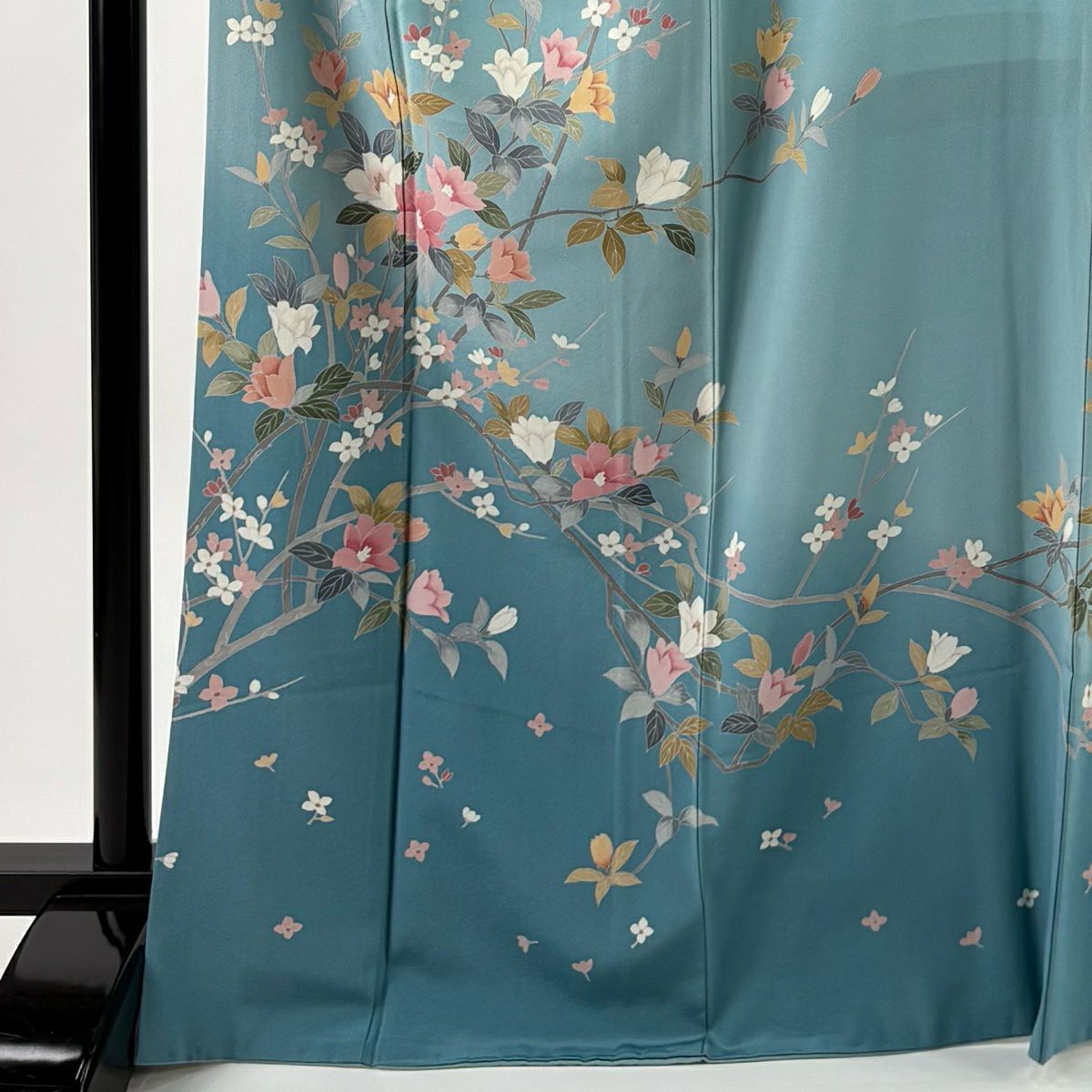 訪問服 身長168cm 袖長68.5cm L 雙層 落款有 枝花 染分 ぼかし 水藍色 純蠶絲 名品級