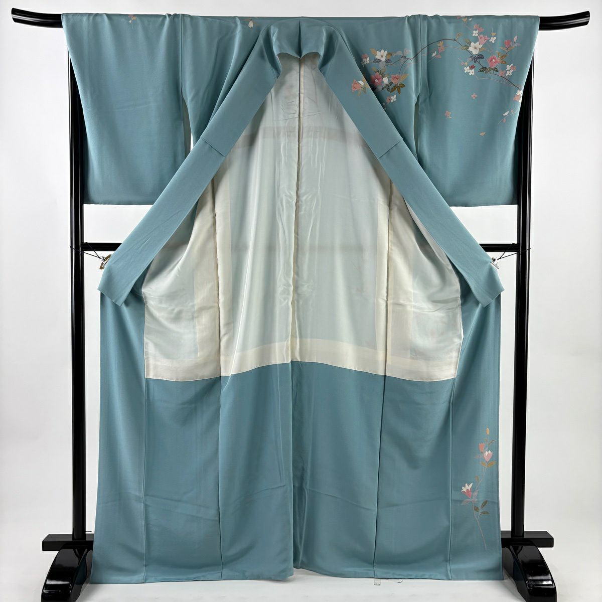 訪問服 身長168cm 袖長68.5cm L 雙層 落款有 枝花 染分 ぼかし 水藍色 純蠶絲 名品級