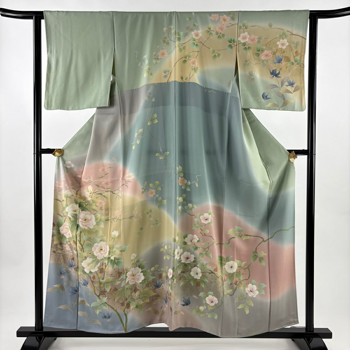 訪問服 身長157cm 袖長62.5cm S 雙層 牡丹 金彩裝飾 漸層 淺綠 純蠶絲 名品級