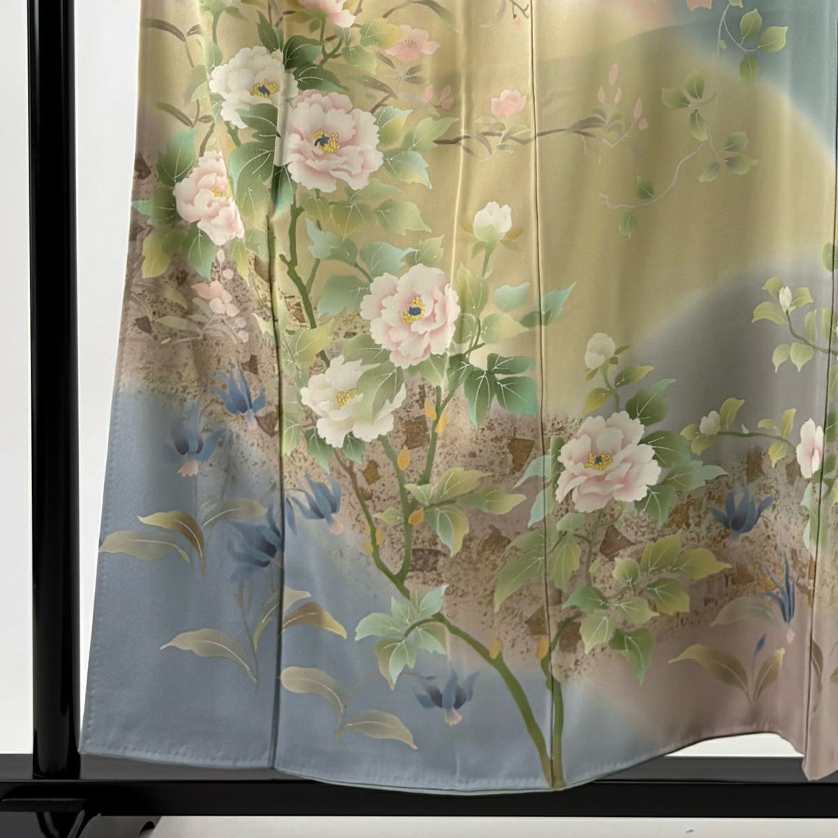 訪問服 身長157cm 袖長62.5cm S 雙層 牡丹 金彩裝飾 漸層 淺綠 純蠶絲 名品級