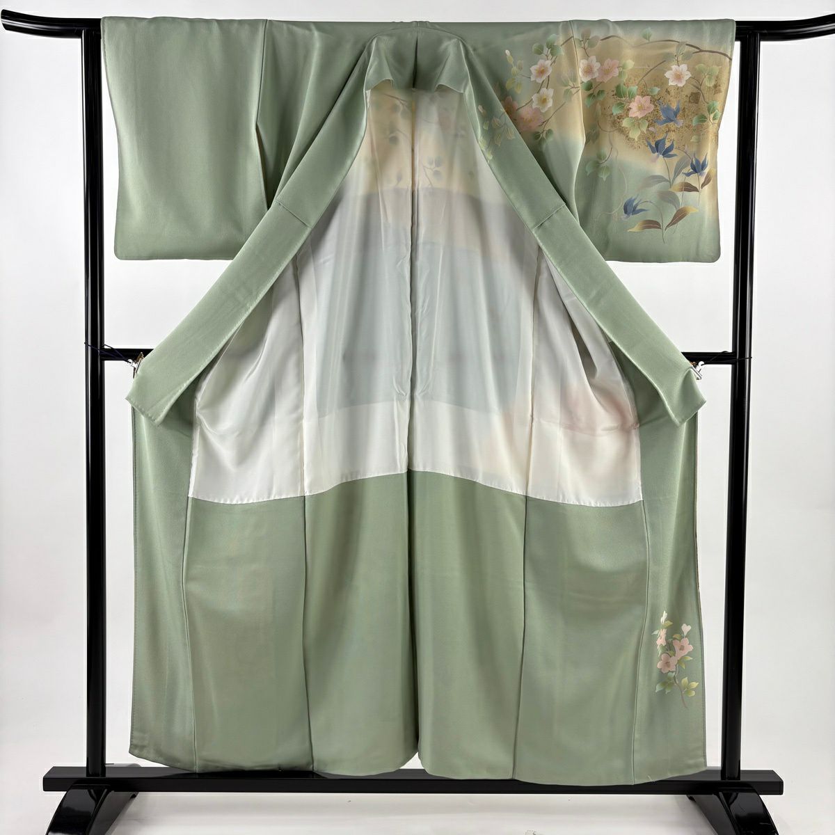 訪問服 身長157cm 袖長62.5cm S 雙層 牡丹 金彩裝飾 漸層 淺綠 純蠶絲 名品級
