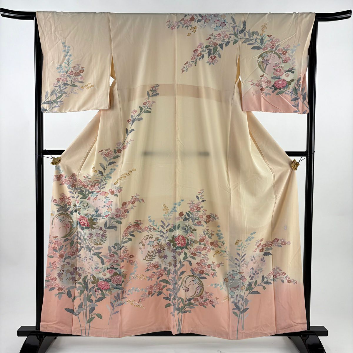 訪問服 身長159.5cm 袖長65cm M 雙層 落款 草花紋紋 花丸文 金銀彩 染分 乳白色 純蠶絲 名品級