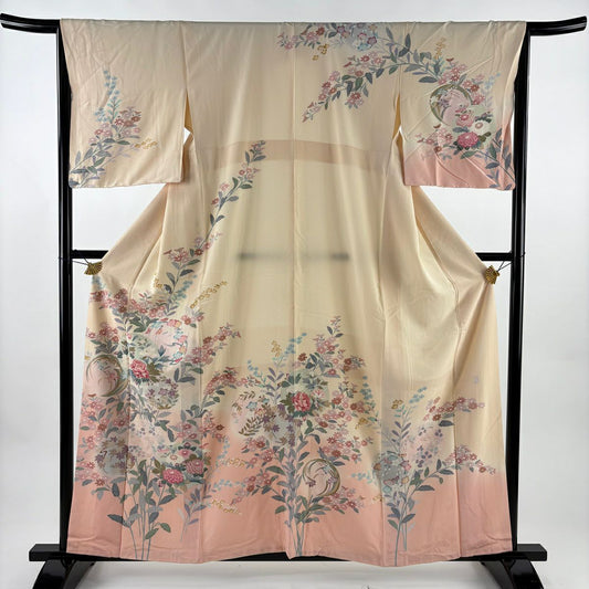 訪問服 身長159.5cm 袖長65cm M 雙層 落款 草花紋紋 花丸文 金銀彩 染分 乳白色 純蠶絲 名品級