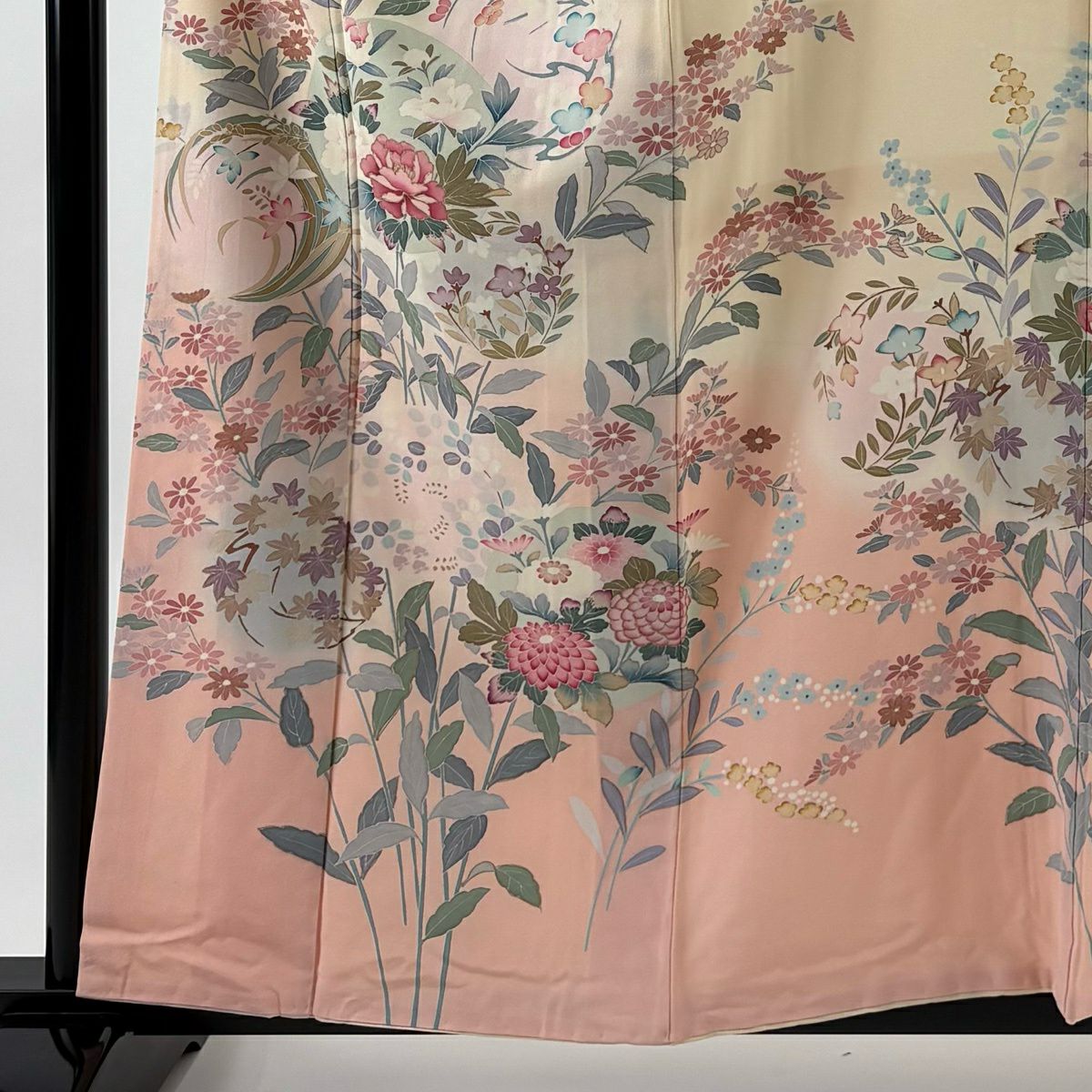 訪問服 身長159.5cm 袖長65cm M 雙層 落款 草花紋紋 花丸文 金銀彩 染分 乳白色 純蠶絲 名品級