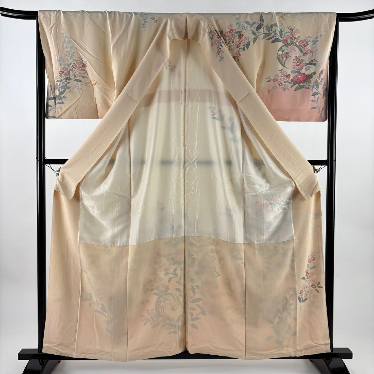訪問服 身長159.5cm 袖長65cm M 雙層 落款 草花紋紋 花丸文 金銀彩 染分 乳白色 純蠶絲 名品級