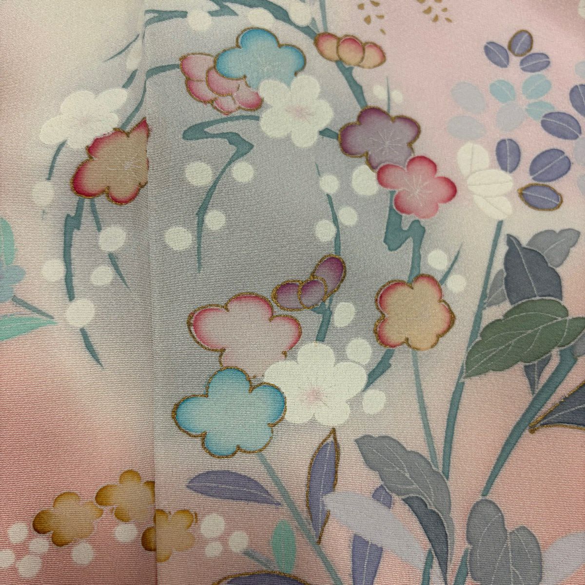 訪問服 身長159.5cm 袖長65cm M 雙層 落款 草花紋紋 花丸文 金銀彩 染分 乳白色 純蠶絲 名品級
