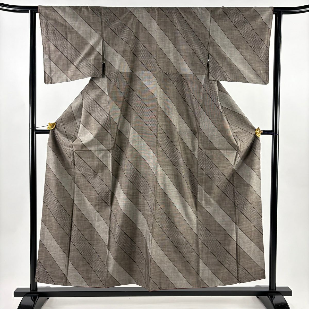 【美品】 紬織 身長155.5cm 袖長62.5cm S 雙層 斜條 幾何學 灰茶 純蠶絲 名品級