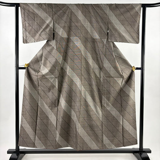 【美品】 紬織 身長155.5cm 袖長62.5cm S 雙層 斜條 幾何學 灰茶 純蠶絲 名品級