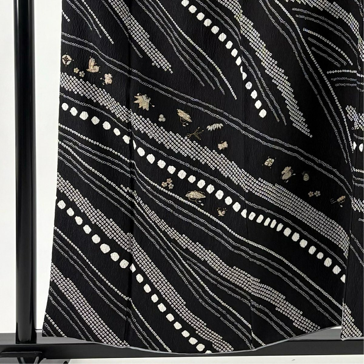 付下 身長156cm 袖長66cm M 雙層 寶盡くし 松樹竹子梅花 金絲 刺繡 黑 純蠶絲 名品級