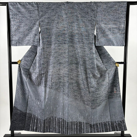 【美品】訪問服 身長154cm 袖長64cm M 雙層 大島紬織地 落款あり 證書あり 樹木 松樹 灰紫 純蠶絲 名品級