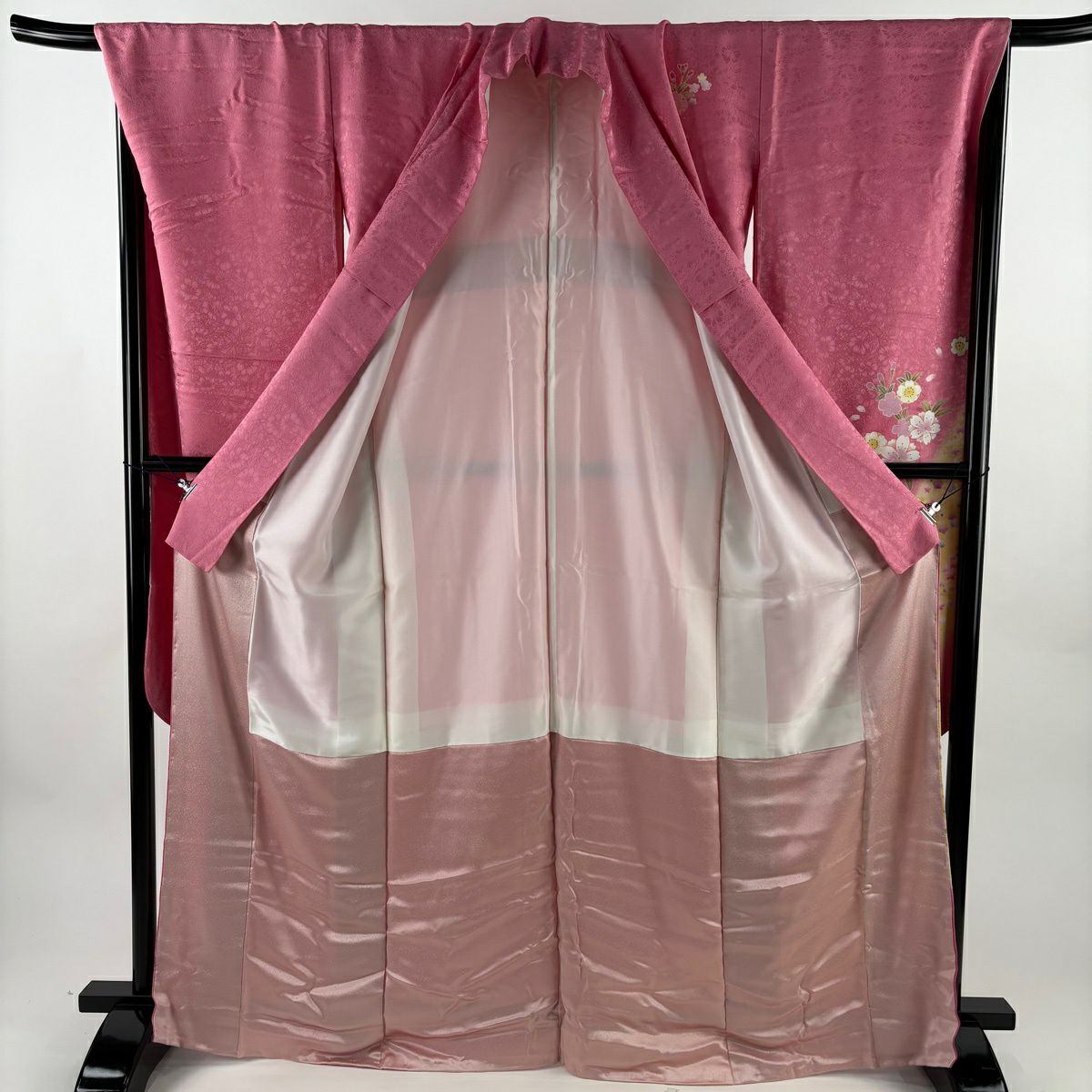 振袖禮服 身長167.5cm 袖長70cm L 雙層 櫻花 雪輪 染分 粉紅 純蠶絲 名品級