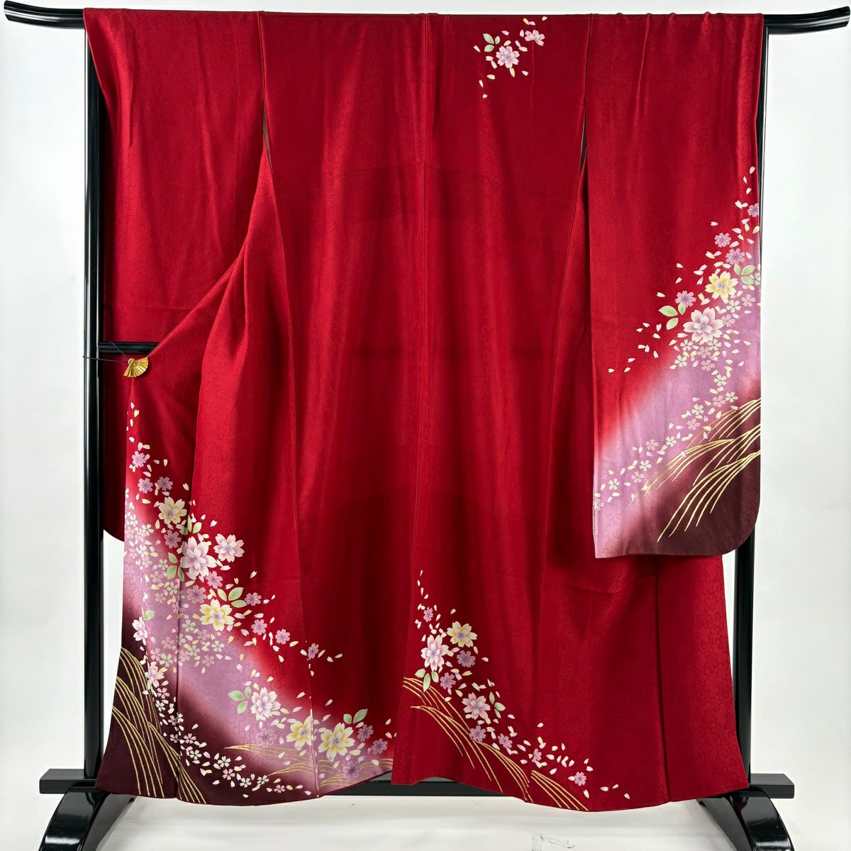 【美品】振袖禮服 身長158.5cm 袖長67.5cm L 雙層 鈴乃屋 花花瓣 金彩裝飾 染分 紅 純蠶絲 名品級
