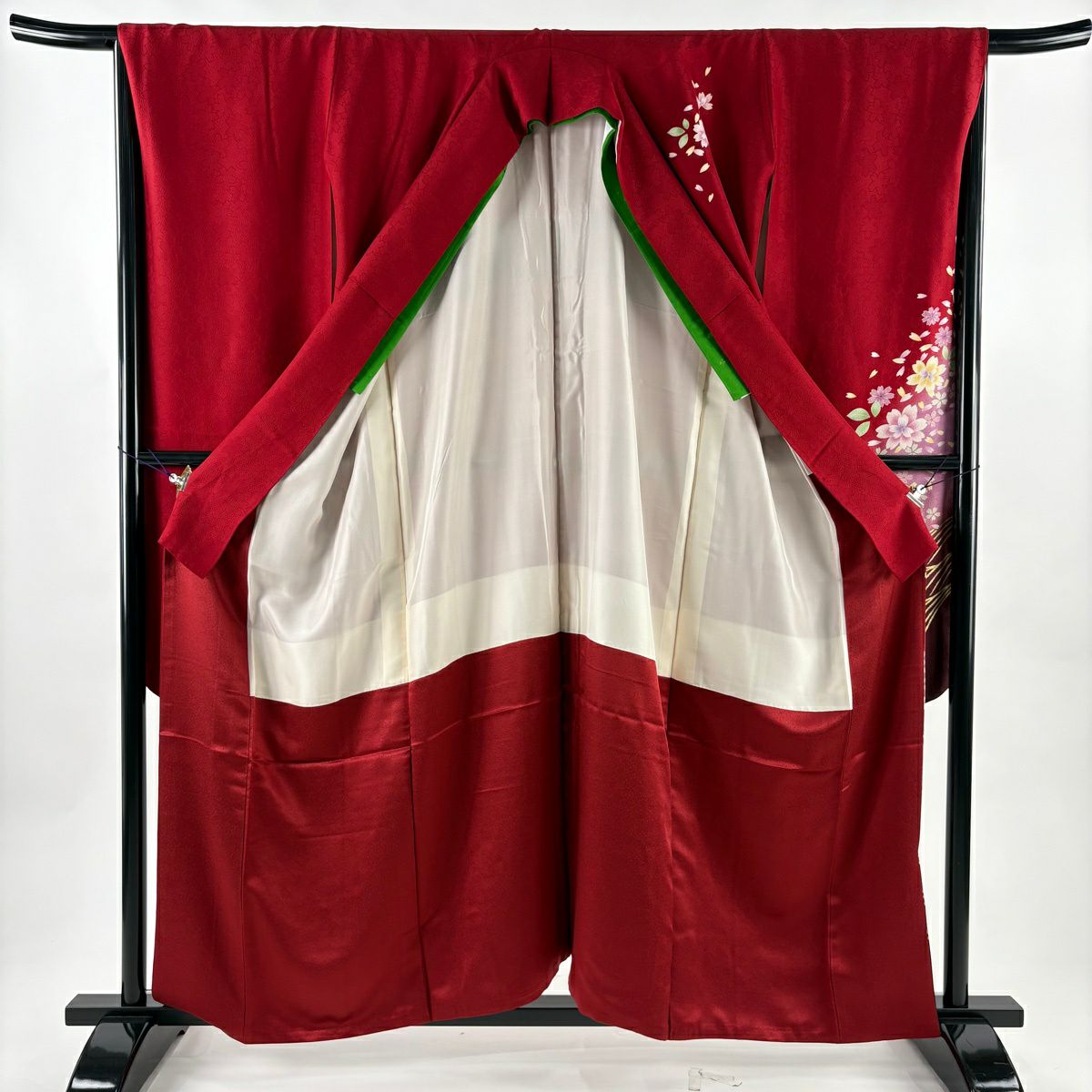 【美品】振袖禮服 身長158.5cm 袖長67.5cm L 雙層 鈴乃屋 花花瓣 金彩裝飾 染分 紅 純蠶絲 名品級
