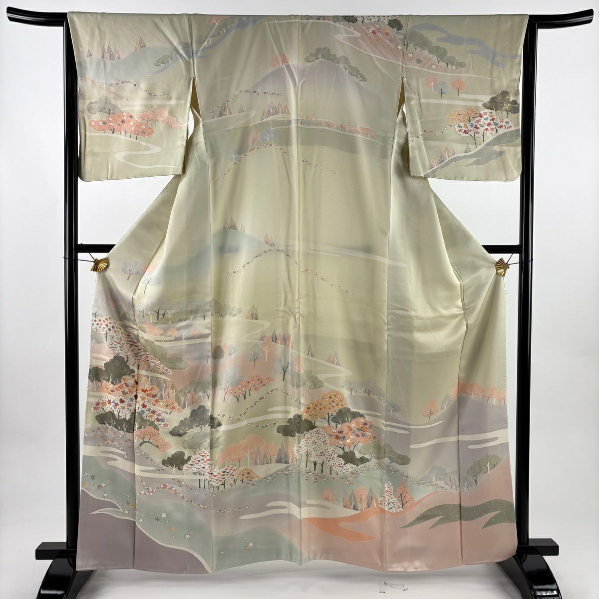 訪問服 身長161.5cm 袖長65.5cm M 雙層 樹木 霞 金銀彩 刺繡 薄綠 純蠶絲 名品級
