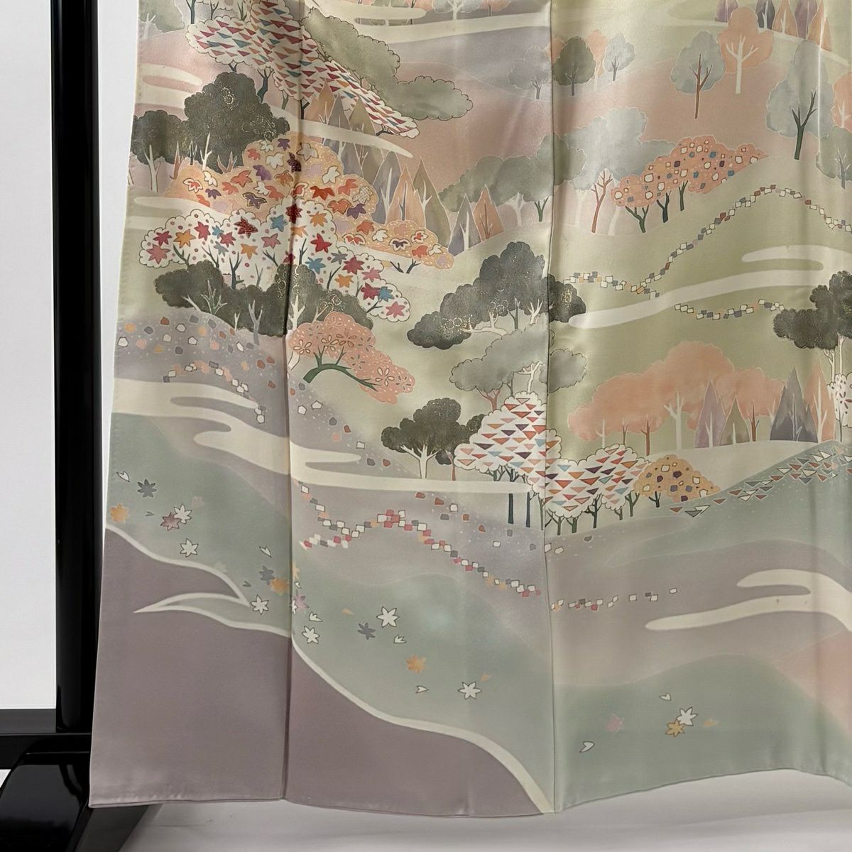 訪問服 身長161.5cm 袖長65.5cm M 雙層 樹木 霞 金銀彩 刺繡 薄綠 純蠶絲 名品級