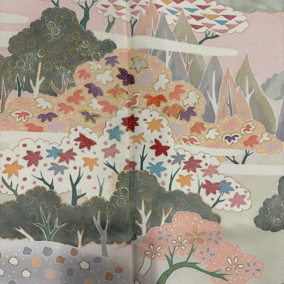 訪問服 身長161.5cm 袖長65.5cm M 雙層 樹木 霞 金銀彩 刺繡 薄綠 純蠶絲 名品級