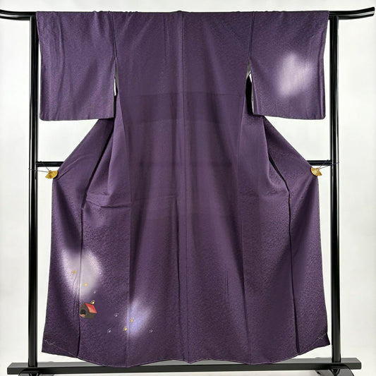 【美品】 付下 身長155cm 袖長63.5cm S 雙層 犬 肉球 金銀彩 漸層 紫 純蠶絲 名品級