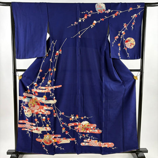 訪問服 身長159cm 袖長64cm M 雙層 霞 雪輪 金彩裝飾 深藍 純蠶絲 名品級