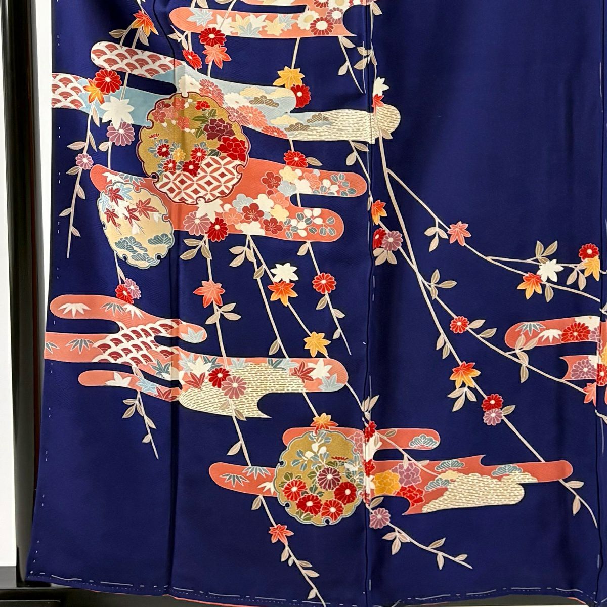 訪問服 身長159cm 袖長64cm M 雙層 霞 雪輪 金彩裝飾 深藍 純蠶絲 名品級