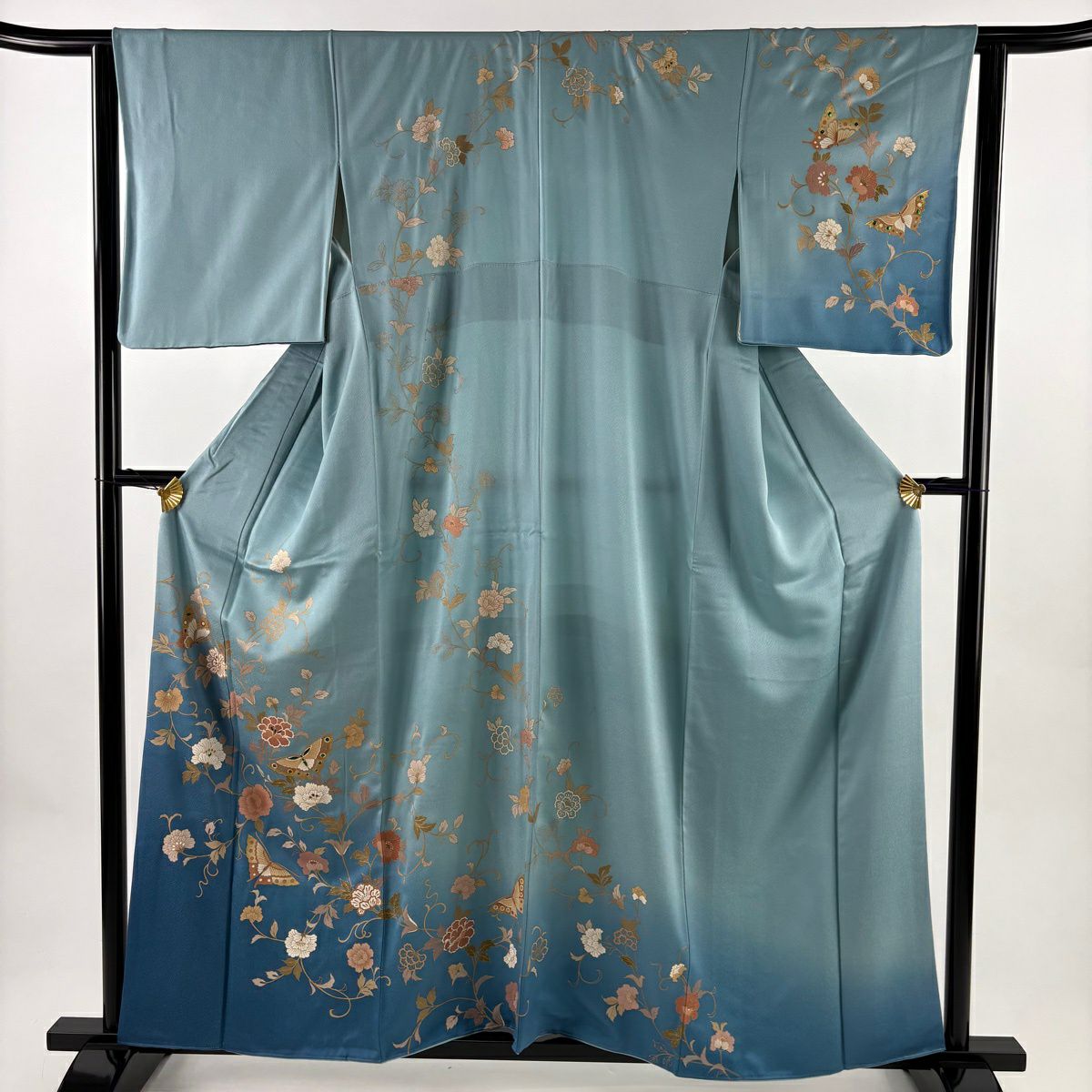 訪問服 身長158.5cm 袖長63cm S 雙層 花唐草紋 蝶 金銀彩 螺鈿 淺綠 純蠶絲 名品級