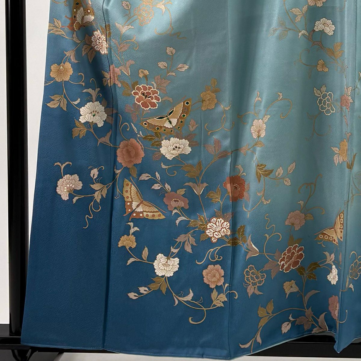 訪問服 身長158.5cm 袖長63cm S 雙層 花唐草紋 蝶 金銀彩 螺鈿 淺綠 純蠶絲 名品級