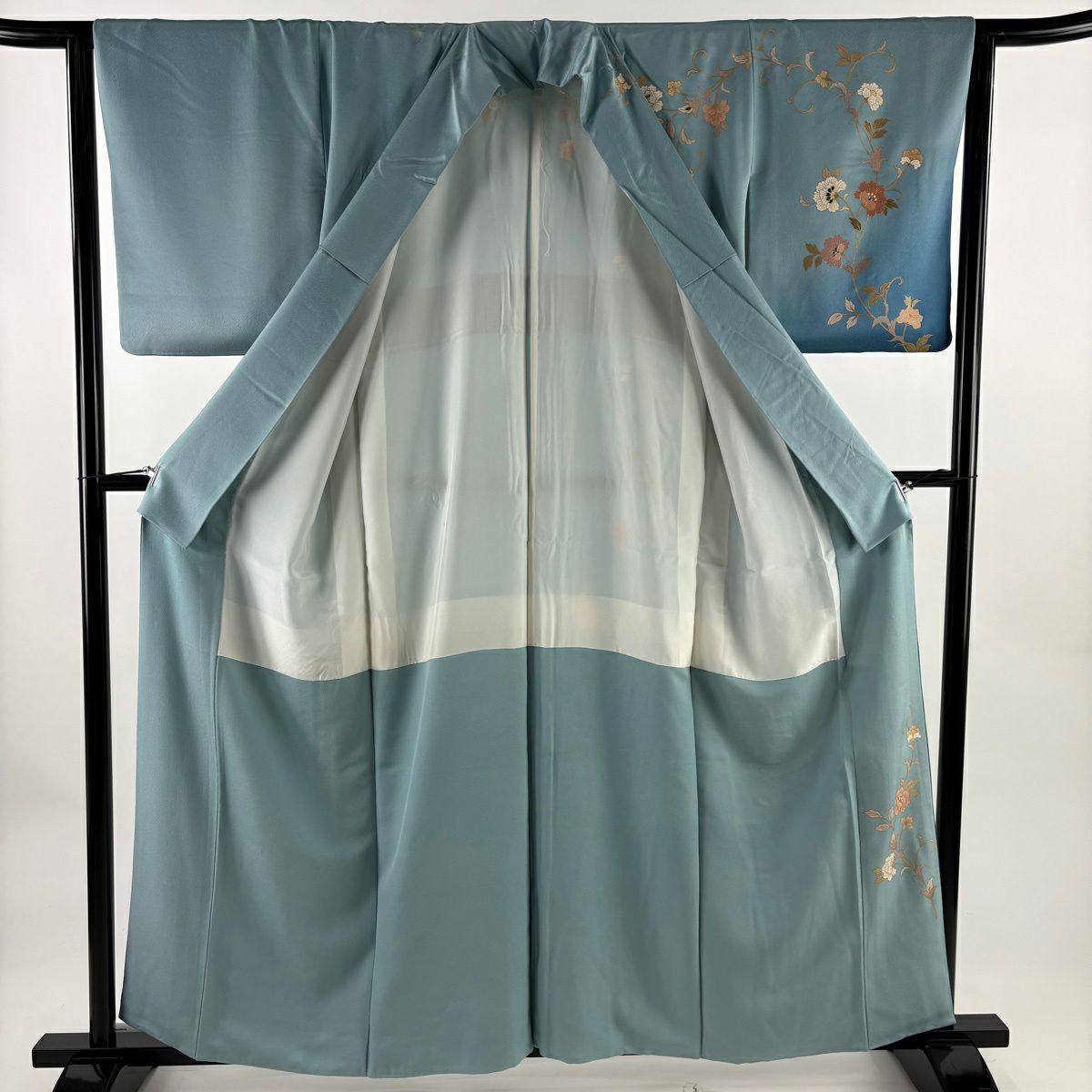 訪問服 身長158.5cm 袖長63cm S 雙層 花唐草紋 蝶 金銀彩 螺鈿 淺綠 純蠶絲 名品級