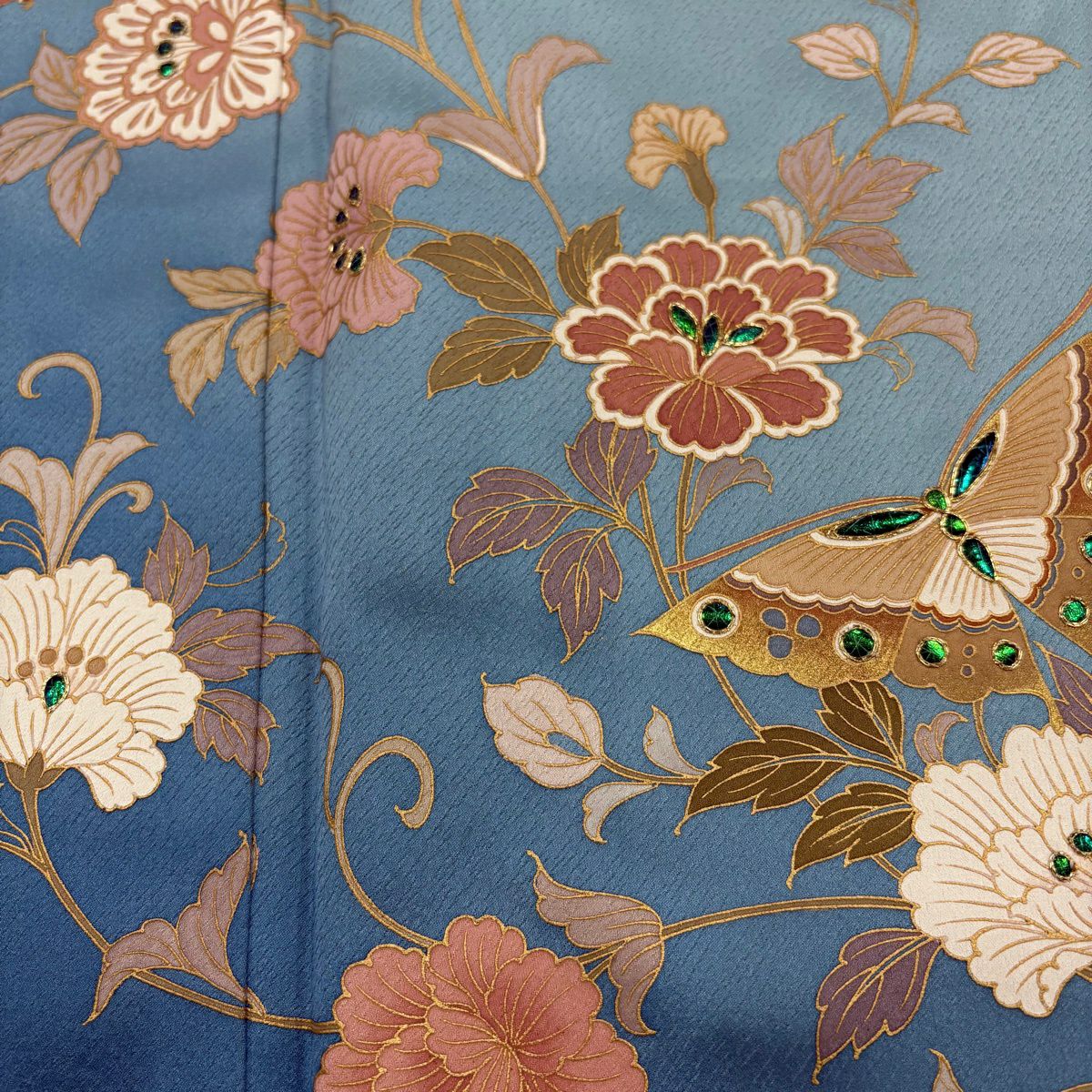 訪問服 身長158.5cm 袖長63cm S 雙層 花唐草紋 蝶 金銀彩 螺鈿 淺綠 純蠶絲 名品級