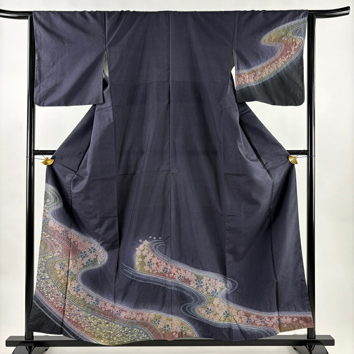 訪問服 身長156.5cm 袖長63.5cm S 雙層 紬織織 流水 櫻花 絞染 漸層 深紫 純蠶絲 名品級
