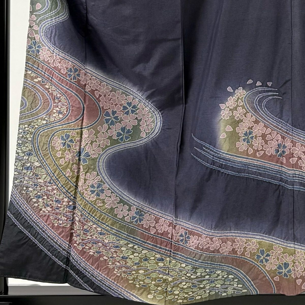 訪問服 身長156.5cm 袖長63.5cm S 雙層 紬織織 流水 櫻花 絞染 漸層 深紫 純蠶絲 名品級