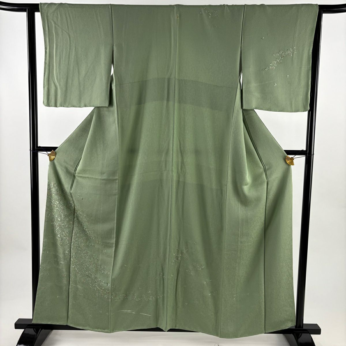 訪問服 身長158cm 袖長61cm S 雙層 草花紋紋 流水刺繡 金糸 淺綠 純蠶絲 名品級 一つ紋