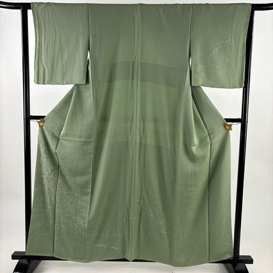 訪問服 身長158cm 袖長61cm S 雙層 草花紋紋 流水刺繡 金糸 淺綠 純蠶絲 名品級 一つ紋