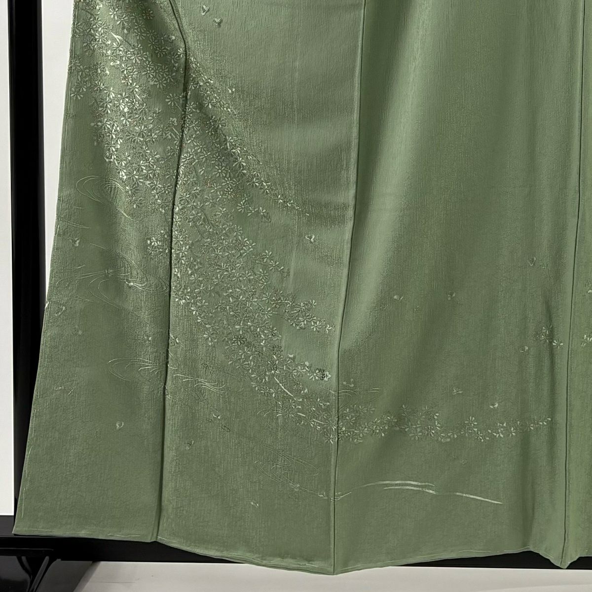 訪問服 身長158cm 袖長61cm S 雙層 草花紋紋 流水刺繡 金糸 淺綠 純蠶絲 名品級 一つ紋