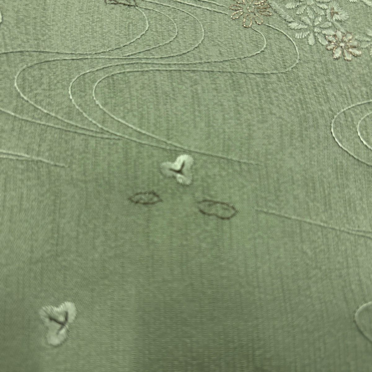 訪問服 身長158cm 袖長61cm S 雙層 草花紋紋 流水刺繡 金糸 淺綠 純蠶絲 名品級 一つ紋