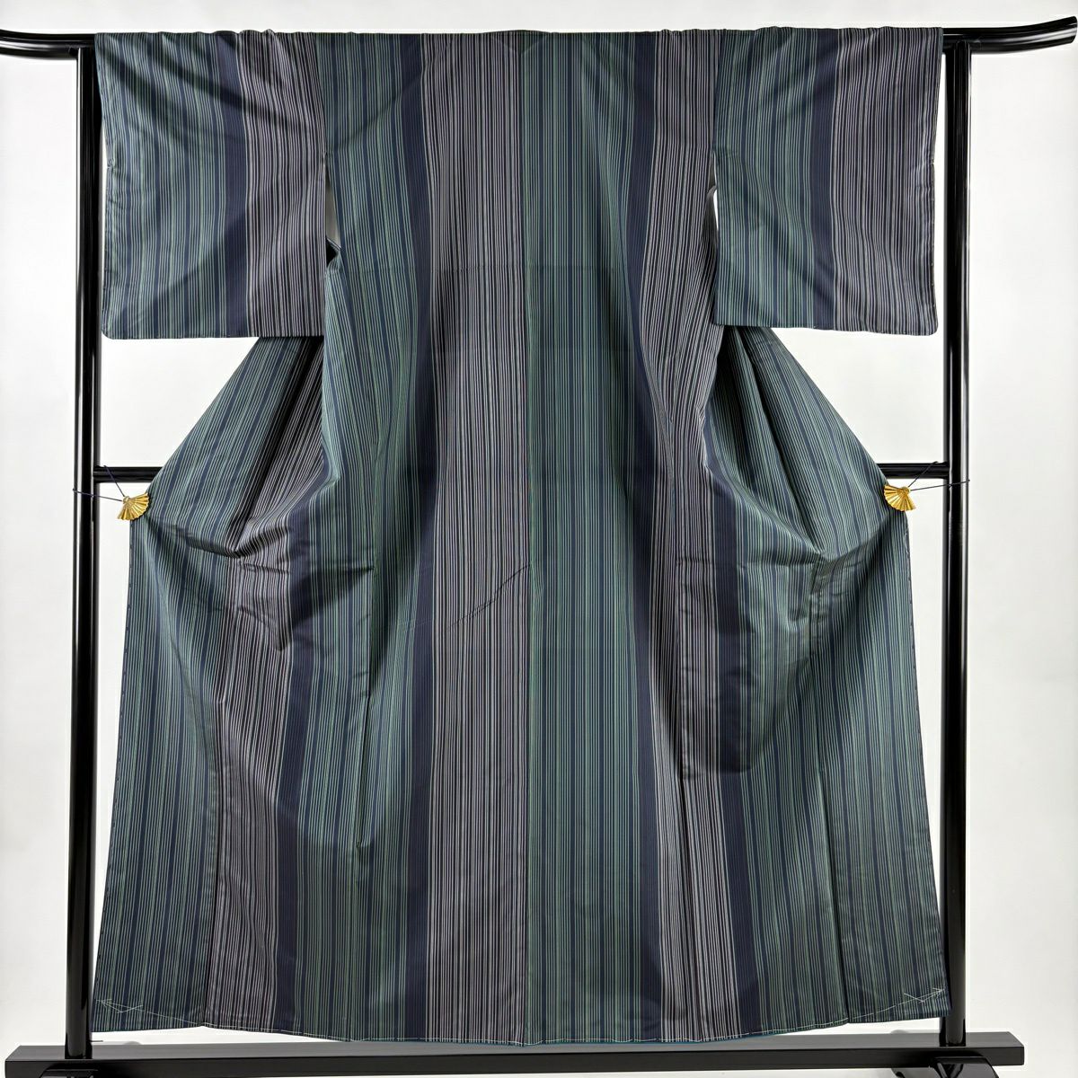 【美品】 大島紬織 身長155cm 袖長62.5cm S 雙層 證書齊全 條紋 綠 純蠶絲 名品級
