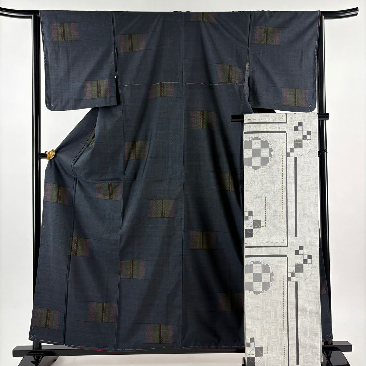 【美品】 大島紬織 身長159cm 袖長64cm M 雙層 袋帶套裝 純泥染 證書附帶 幾何學 深藍 純蠶絲 優品級