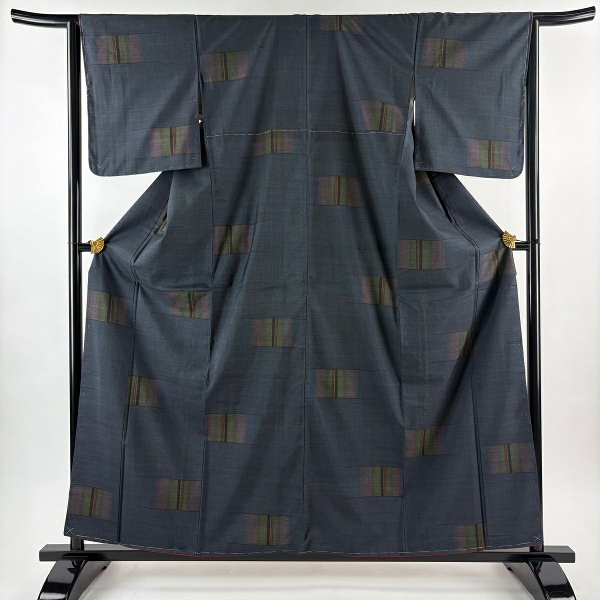 【美品】 大島紬織 身長159cm 袖長64cm M 雙層 袋帶套裝 純泥染 證書附帶 幾何學 深藍 純蠶絲 優品級