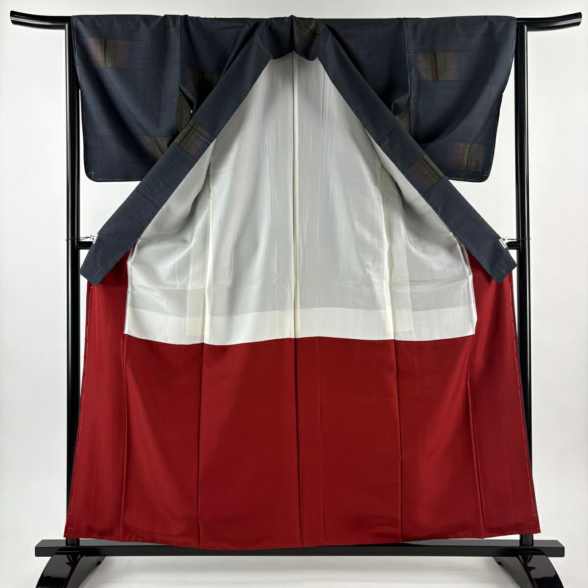 【美品】 大島紬織 身長159cm 袖長64cm M 雙層 袋帶套裝 純泥染 證書附帶 幾何學 深藍 純蠶絲 優品級