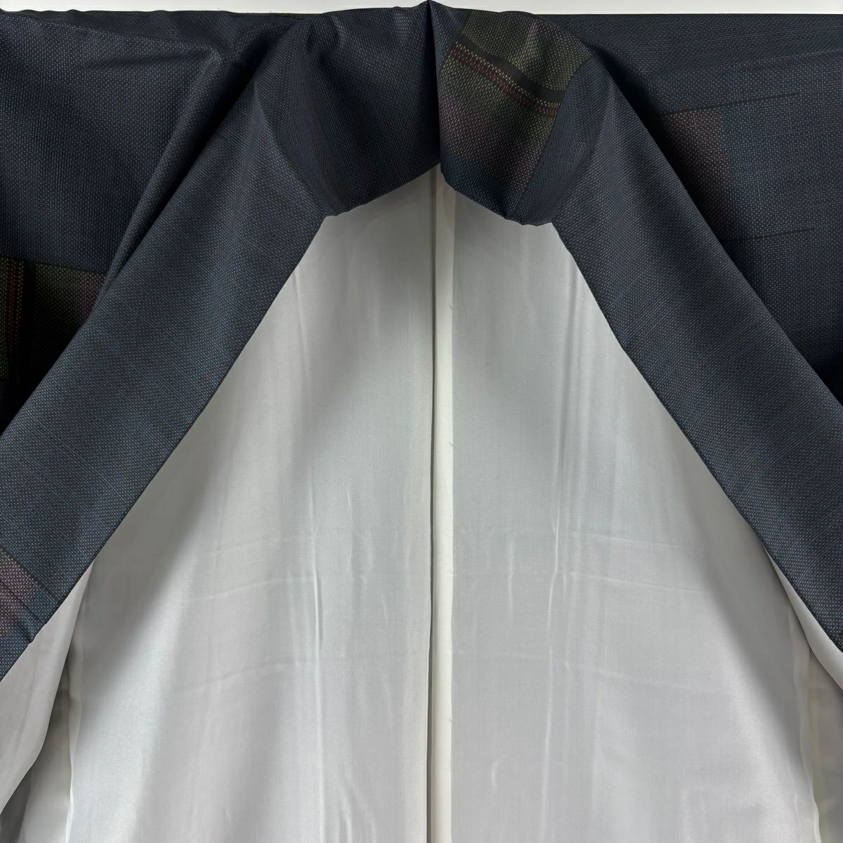 【美品】 大島紬織 身長159cm 袖長64cm M 雙層 袋帶套裝 純泥染 證書附帶 幾何學 深藍 純蠶絲 優品級